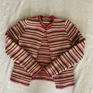 SOLD — Vibrant Striped Cardigan in Deep Red and Cream with Ribbed Cuffs